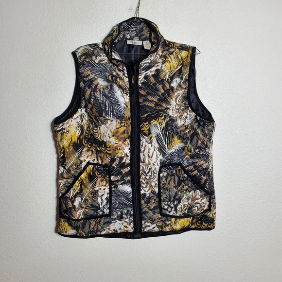 Fresh Puffer Vest XL Multicolor Abstract Feather Print Sleeveless Zip-Up - Picture 8 of 8